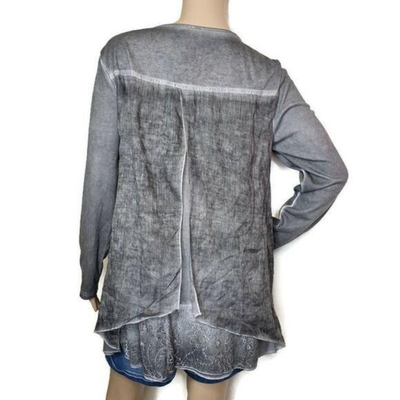 Cal Style Gray Long Sleeve Lace Tunic Top boho grey lace M - Picture 2 of 6